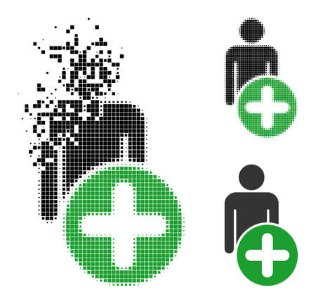 Dissolved pixelated add man figure glyph with halftone version. Vector destruction effect for add man figure symbol.のイラスト素材