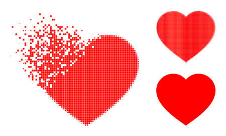 Fragmented dot love heart pictogram with halftone version. Vector wind effect for love heart pictogram. Pixel dissolving effect for love heart demonstrates motion of virtual world.のイラスト素材