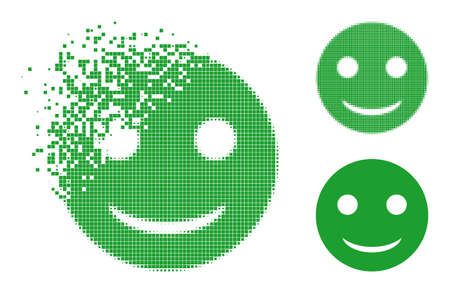 Disappearing pixelated glad smiley icon with halftone version. Vector wind effect for glad smiley icon. Pixel fragmentation effect for glad smiley demonstrates speed of virtual abstractions.のイラスト素材