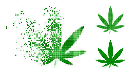 Dissolving dotted cannabis pictogram with halftone version. Vector destruction effect for cannabis pictogram. Pixel destruction effect for cannabis shows motion of cyberspace objects.のイラスト素材