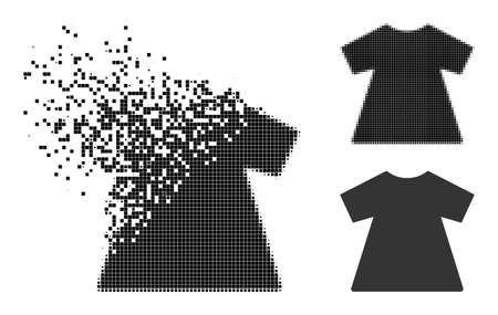 Shredded dot lady dress pictogram with halftone version. Vector destruction effect for lady dress pictogram. Pixelated mist effect for lady dress reproduces speed of virtual objects.のイラスト素材