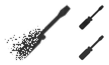 Dust pixelated screwdriver tool icon with halftone version. Vector destruction effect for screwdriver tool icon. Pixelated abrasion process for screwdriver tool gives speed of cyberspace objects.のイラスト素材