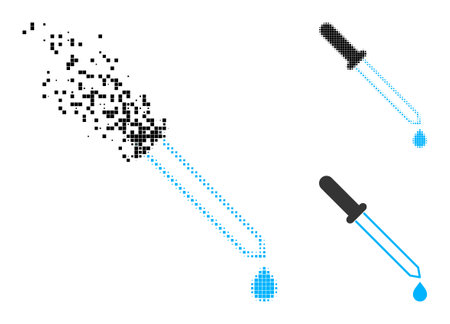 Dispersed dot pipette icon with halftone version. Vector wind effect for pipette icon. Pixelated dematerialization process for pipette reproduces motion of cyberspace items.のイラスト素材