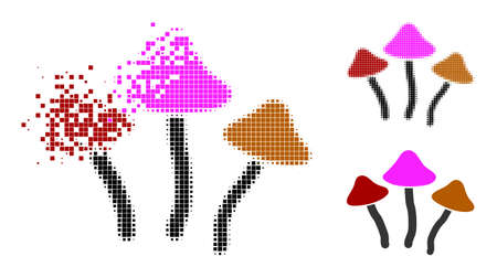 Erosion dotted psychedelic mushrooms glyph with halftone version. Vector destruction effect for psychedelic mushrooms symbol.のイラスト素材