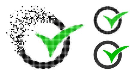 Moving pixelated yes vote pictogram with halftone version. Vector destruction effect for yes vote symbol. Pixelated disappearing effect for yes vote demonstrates motion of virtual objects.のイラスト素材