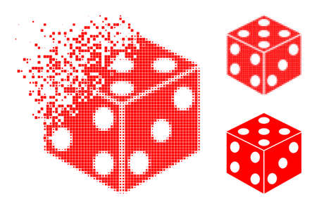 Erosion pixelated dice cube icon with halftone version. Vector wind effect for dice cube icon. Pixelated dematerialization effect for dice cube reproduces motion of virtual objects.のイラスト素材