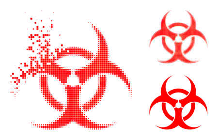 Disintegrating pixelated biohazard pictogram with halftone version. Vector destruction effect for biohazard pictogram. Pixel dispersing effect for biohazard shows speed of cyberspace objects.のイラスト素材