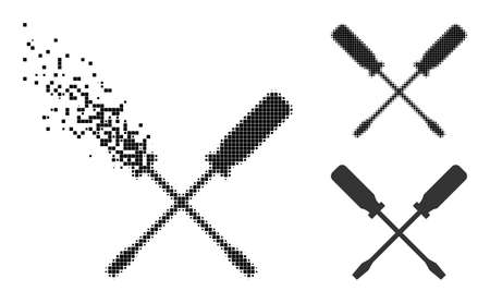 Dissipated dotted screwdrivers glyph with halftone version. Vector wind effect for screwdrivers icon. Pixelated dissolution effect for screwdrivers reproduces movement of virtual things.のイラスト素材