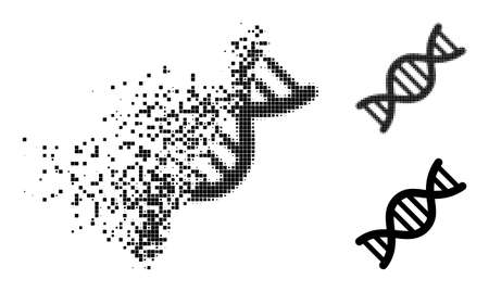 Dispersed dot genome molecule icon with halftone version. Vector destruction effect for genome molecule icon. Pixel integration effect for genome molecule demonstrates motion of virtual world.のイラスト素材