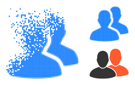 Burst pixelated users pictogram with halftone version. Vector wind effect for users pictogram. Pixelated dissipating effect for users reproduces motion of virtual things.のイラスト素材