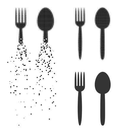 Dissolved dotted food utensil icon with halftone version. Vector destruction effect for food utensil icon. Pixelated dissolving process for food utensil gives movement of cyberspace items.のイラスト素材