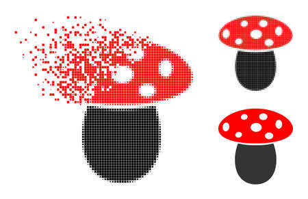 Burst dotted mushroom pictogram with halftone version. Vector destruction effect for mushroom pictogram. Pixel explosion effect for mushroom demonstrates motion of virtual concepts.のイラスト素材