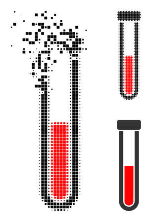 Fragmented pixelated blood test-tube icon with halftone version. Vector destruction effect for blood test-tube pictogram. Pixelated mist effect for blood test-tube shows motion of virtual world.のイラスト素材