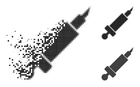 Dissolving dot syringe pictogram with halftone version. Vector wind effect for syringe pictogram. Pixelated disintegrating effect for syringe shows motion of virtual abstractions.のイラスト素材