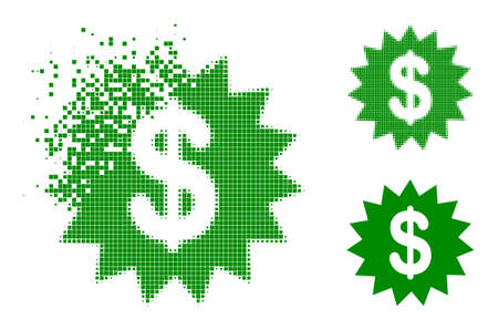 Disintegrating pixelated dollar rosette pictogram with halftone version. Vector destruction effect for dollar rosette pictogram.のイラスト素材