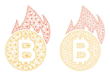 Mesh vector burn bitcoin icons. Mesh carcass burn bitcoin images in lowpoly style with organized triangles, dots and lines. Mesh illustration of triangulated burn bitcoin, on a white background.のイラスト素材