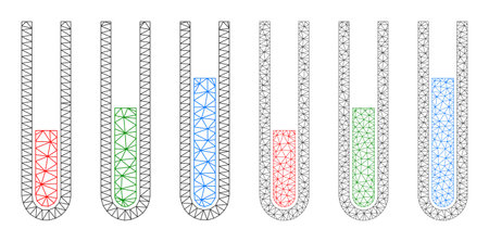 Polygonal vector analysis test tubes icons. Polygonal carcass analysis test tubes images in low poly style with organized triangles, points and lines. Mesh model of triangulated analysis test tubes,のイラスト素材