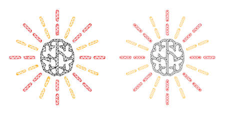 Network vector brain shine icons. Mesh carcass brain shine images in lowpoly style with structured triangles, dots and lines. Mesh composition of triangulated brain shine, on a white background.のイラスト素材