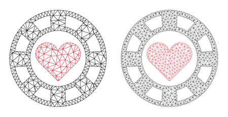 Triangular vector hearts casino chip icons. Mesh carcass hearts casino chip images in lowpoly style with organized triangles, nodes and linear items.のイラスト素材