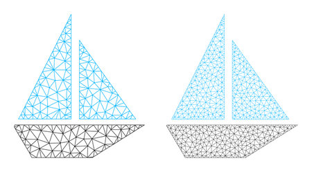 Net vector yacht icons. Mesh wireframe yacht images in low poly style with structured triangles, dots and linear items. Mesh model of triangulated yacht, on a white background.のイラスト素材