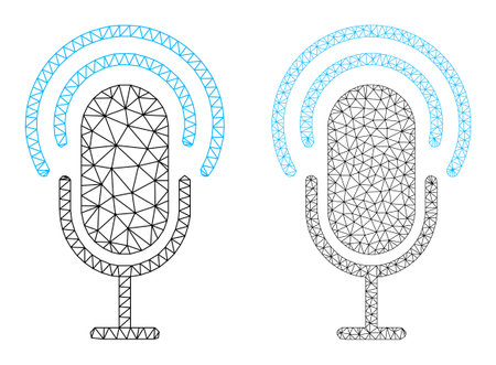 Mesh vector microphone icons. Mesh wireframe microphone images in low poly style with structured triangles, nodes and lines. Mesh model of triangulated microphone, on a white background.のイラスト素材