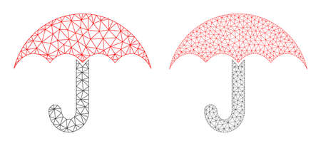 Net vector umbrella icons. Mesh wireframe umbrella images in low poly style with connected triangles, nodes and linear items. Mesh model of triangulated umbrella, on a white background.のイラスト素材