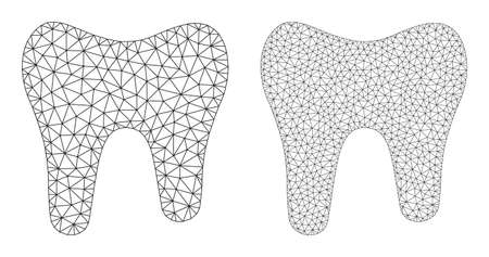Network vector tooth icons. Mesh carcass tooth images in lowpoly style with structured triangles, dots and lines. Mesh model of triangulated tooth, on a white background.のイラスト素材