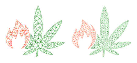 Mesh vector hot cannabis icons. Mesh wireframe hot cannabis images in low poly style with organized triangles, dots and lines. Mesh concept of triangulated hot cannabis, on a white background.のイラスト素材
