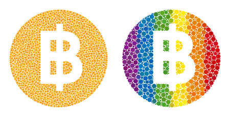 Bitcoin coin collage icon of round dots in various sizes and spectrum colorful shades. A dotted LGBT-colored bitcoin coin for lesbians, gays, bisexuals, and transgenders.のイラスト素材