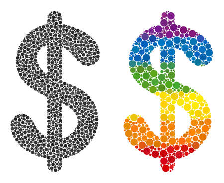 Dollar currency mosaic icon of circle spots in variable sizes and spectrum colorful color tinges. A dotted LGBT-colored dollar currency for lesbians, gays, bisexuals, and transgenders.のイラスト素材