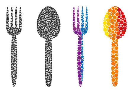 Food utensil mosaic icon of filled circles in different sizes and spectrum color tinges. A dotted LGBT-colored food utensil for lesbians, gays, bisexuals, and transgenders.のイラスト素材