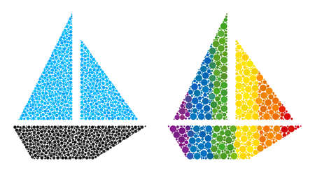 Yacht collage icon of circle spots in various sizes and spectrum bright color tinges. A dotted...