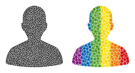 Person profile mosaic icon of circle elements in various sizes and rainbow bright color hues. A dotted LGBT-colored person profile for lesbians, gays, bisexuals, and transgenders.のイラスト素材