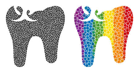Tooth caries mosaic icon of round items in different sizes and rainbow color hues. A dotted LGBT-colored tooth caries for lesbians, gays, bisexuals, and transgenders.のイラスト素材