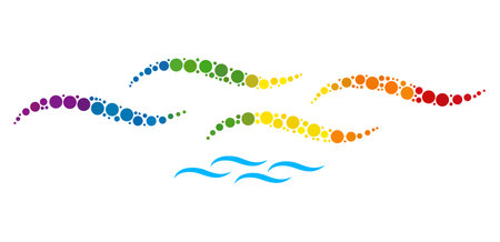 Water surface collage icon of circle elements in variable sizes and rainbow bright color tinges. A dotted LGBT-colored water surface for lesbians, gays, bisexuals, and transgenders.のイラスト素材