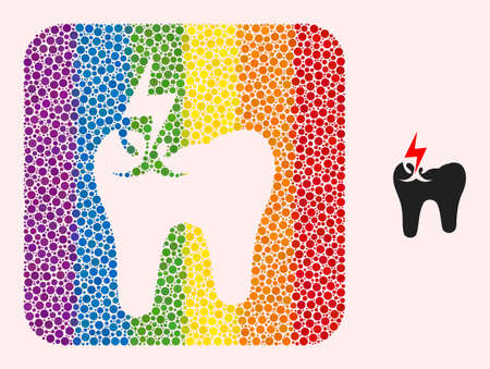 Dotted mosaic tooth crash subtracted icon for LGBT. Colorful rounded rectangle mosaic is around tooth crash stencil. LGBT spectrum colors. Vector tooth crash composition of circle items.のイラスト素材
