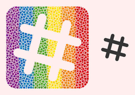 Dot mosaic jail grid stencil icon for LGBT. Rainbow colored rounded square mosaic is around jail grid hole. LGBT rainbow colors. Vector jail grid combination of sphere elements.のイラスト素材