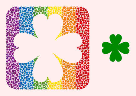 Dot mosaic four leaf clover hole pictogram for LGBT. Color rounded rectangle mosaic is around four leaf clover hole. LGBT spectrum colors. Vector four leaf clover composition of round elements.のイラスト素材