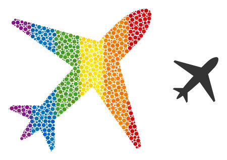 Airplane mosaic icon of spheric blots in various sizes and rainbow colored color tones. A dotted LGBT-colored airplane for lesbians, gays, bisexuals, and transgenders. Vector icon in LGBT flag colors.のイラスト素材