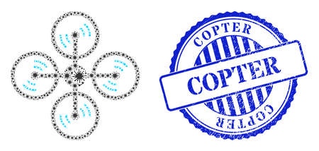 mosaic air copter icon, and grunge COPTER seal stamp. Air copter mosaic for medical images, and grunge round blue stamp imprint. Vector collage is formed with randomized virus elements.のイラスト素材