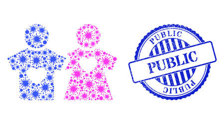 Bacilla collage lovers persons icon, and grunge PUBLIC seal stamp. Lovers persons mosaic for pandemic templates, and grunge round blue stamp seal.のイラスト素材
