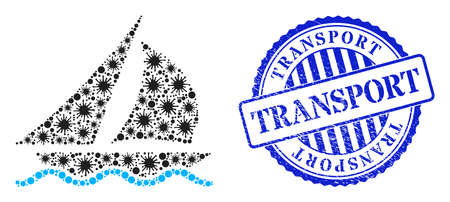 Cell collage sailing icon, and grunge TRANSPORT stamp. Sailing collage for epidemic images, and textured round blue seal imitation. Vector collage is composed with scattered cell items.のイラスト素材