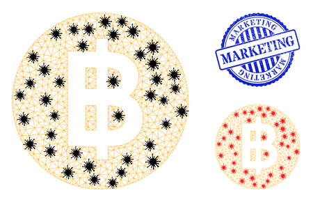 Mesh polygonal bitcoin coin symbols illustration in infection style, and grunge blue round Marketing stamp. Model is based on bitcoin coin icon with black and red infectious elements.のイラスト素材