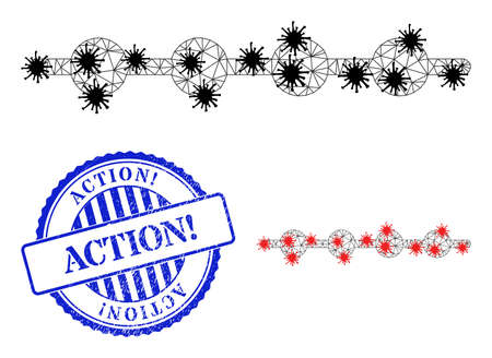 Mesh polygonal connected dots line icons illustration in infection style, and grunge blue round Action! badge.のイラスト素材