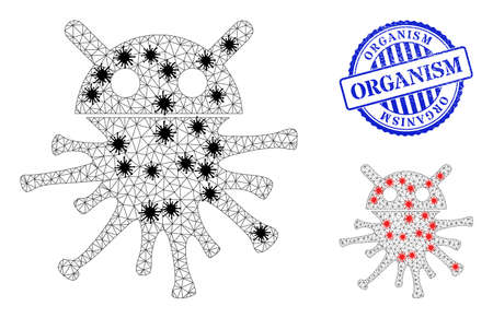 Mesh polygonal virus robot icons illustration with infection style, and rubber blue round Organism seal. Model is based on virus robot icon with black and red virus nodes.のイラスト素材