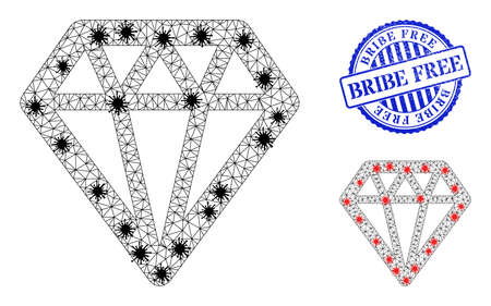 Mesh polygonal diamond symbols illustration with infection style, and grunge blue round Bribe Free stamp seal. Model is based on diamond icon with black and red virus nodes.のイラスト素材