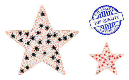 Mesh polygonal red star symbols illustration designed using outbreak style, and scratched blue round Top Quality stamp seal. Carcass model is based on red star icon with black and red virus centers.のイラスト素材