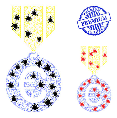 Mesh polygonal euro medal icons illustration in outbreak style, and textured blue round Premium stamp. Model is based on euro medal icon with black and red coronavirus nodes.のイラスト素材