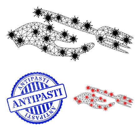Mesh polygonal dining etiquette icons illustration with infection style, and textured blue round Antipasti seal. Model is based on dining etiquette icon with black and red virus centers.のイラスト素材