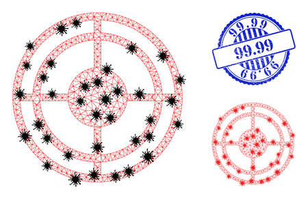 Mesh polygonal bullseye icons illustration in lockdown style, and scratched blue round 99.99 stamp seal. Carcass model is created from bullseye icon with black and red infectious nodes.のイラスト素材